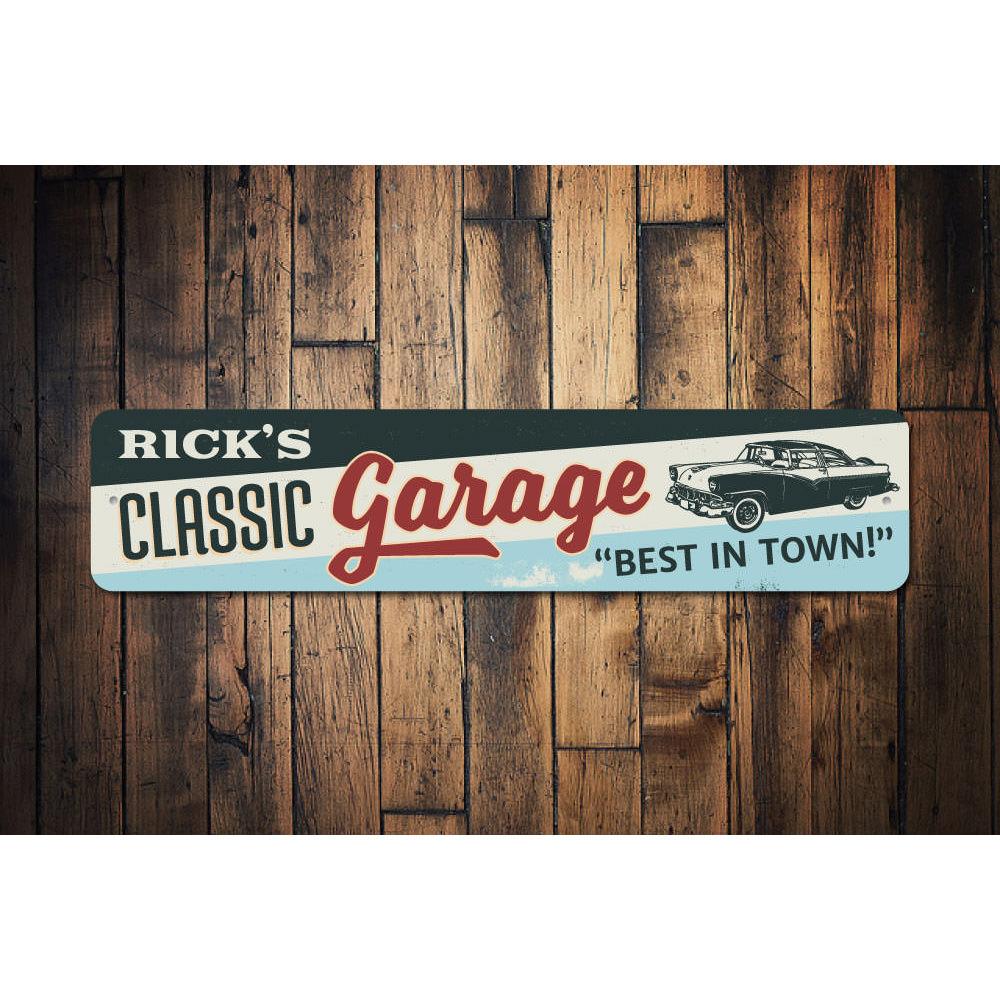 Classic Car Garage Sign made of high-quality aluminum, featuring customizable text and pre-drilled holes for easy mounting.