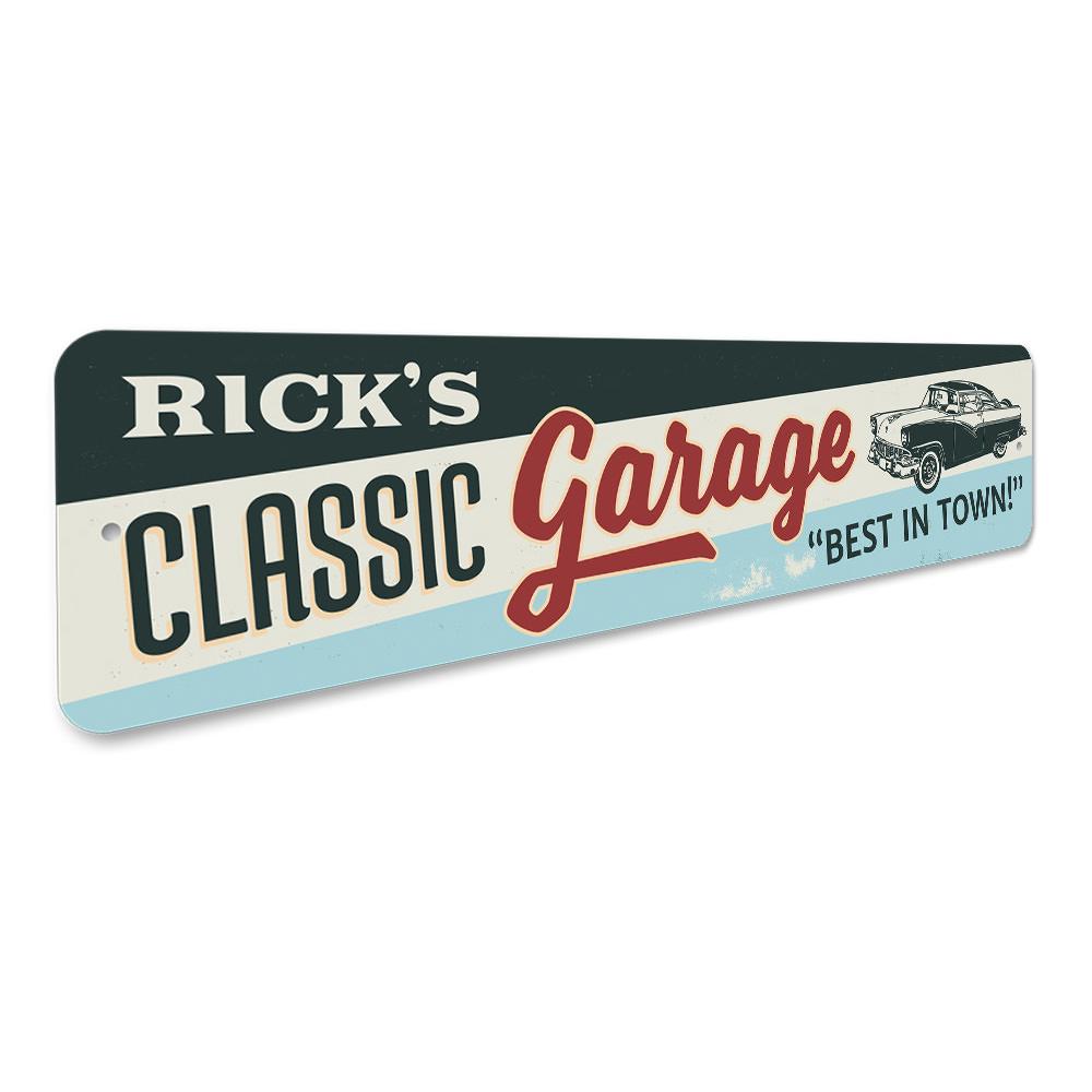 Classic Car Garage Sign made of high-quality aluminum, featuring customizable text and pre-drilled holes for easy mounting.