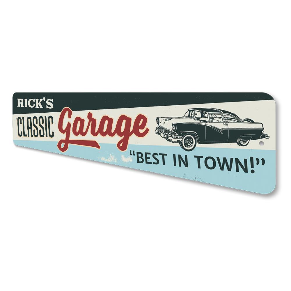 Classic Car Garage Sign made of high-quality aluminum, featuring customizable text and pre-drilled holes for easy mounting.