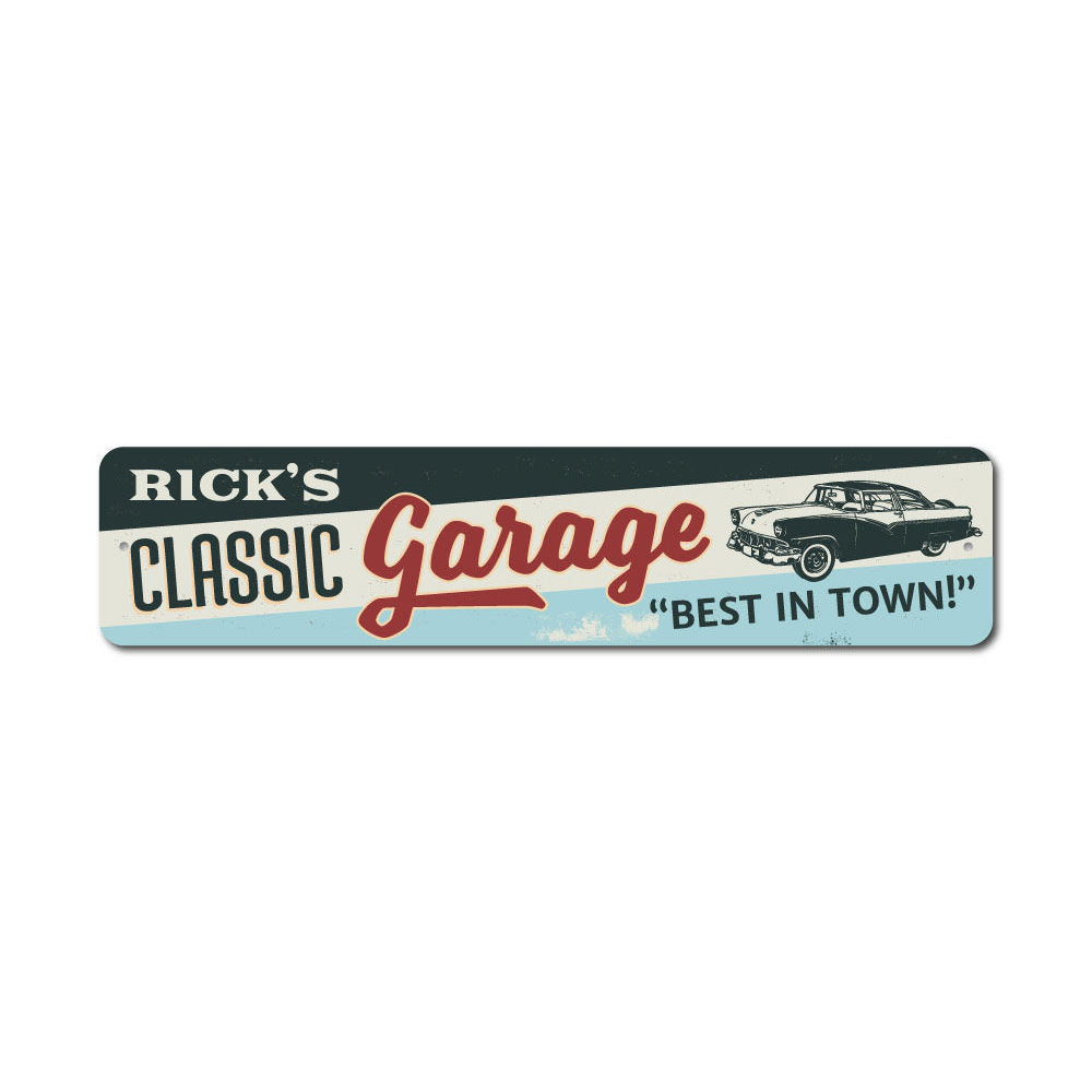 Classic Car Garage Sign made of high-quality aluminum, featuring customizable text and pre-drilled holes for easy mounting.