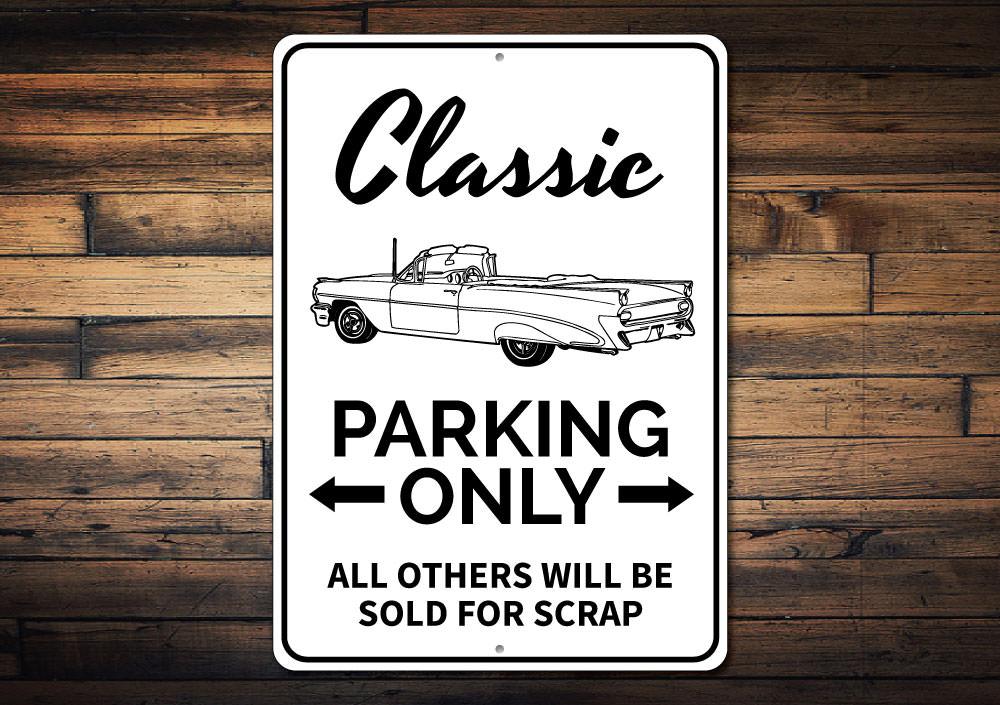 Classic Car Parking Sign made of high-quality aluminum, featuring customizable text and pre-drilled holes for easy mounting.