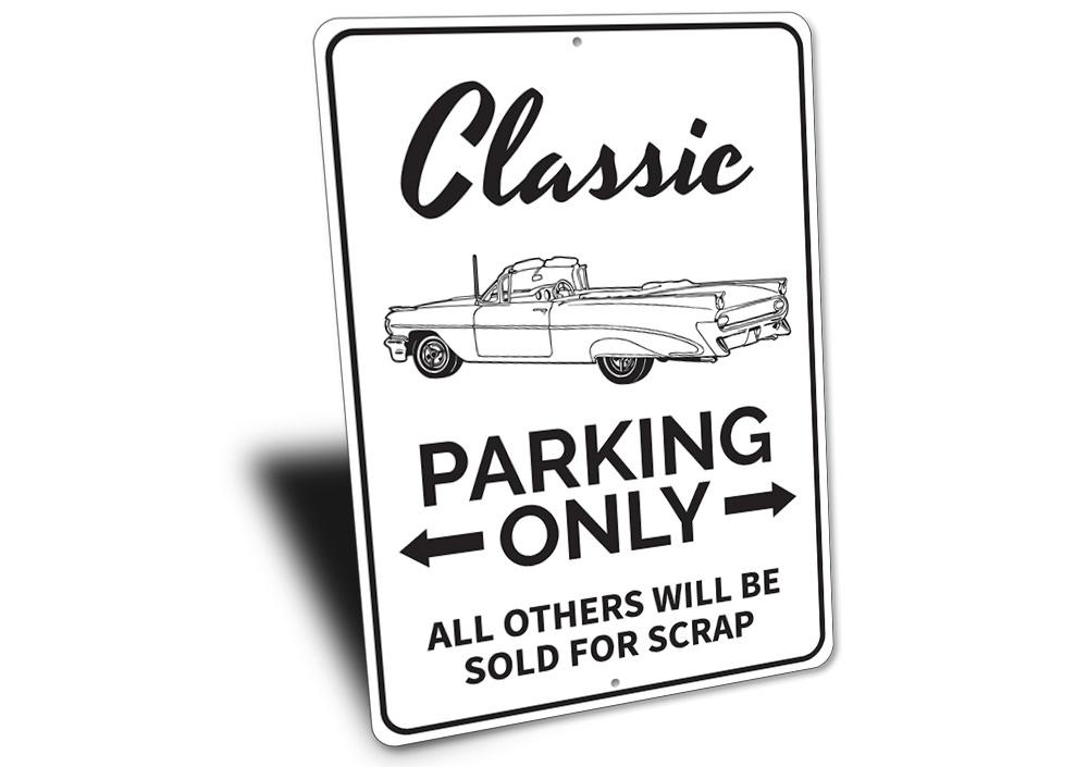 Classic Car Parking Sign made of high-quality aluminum, featuring customizable text and pre-drilled holes for easy mounting.