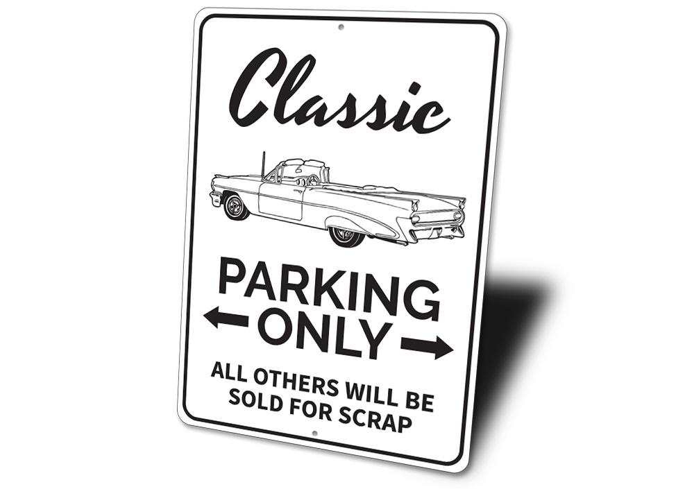 Classic Car Parking Sign made of high-quality aluminum, featuring customizable text and pre-drilled holes for easy mounting.