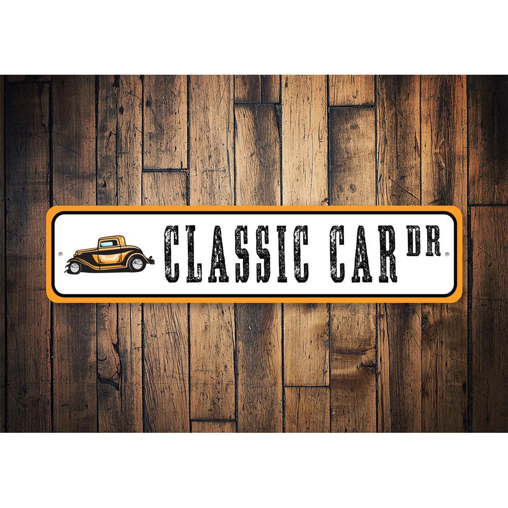 Classic Car Street Sign made of high-quality aluminum, featuring vibrant colors and customizable text, perfect for car enthusiasts.