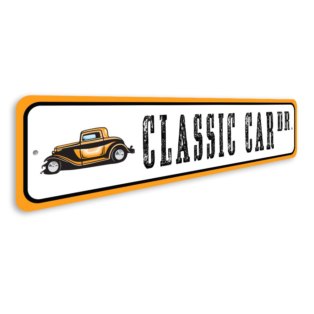 Classic Car Street Sign made of high-quality aluminum, featuring vibrant colors and customizable text, perfect for car enthusiasts.