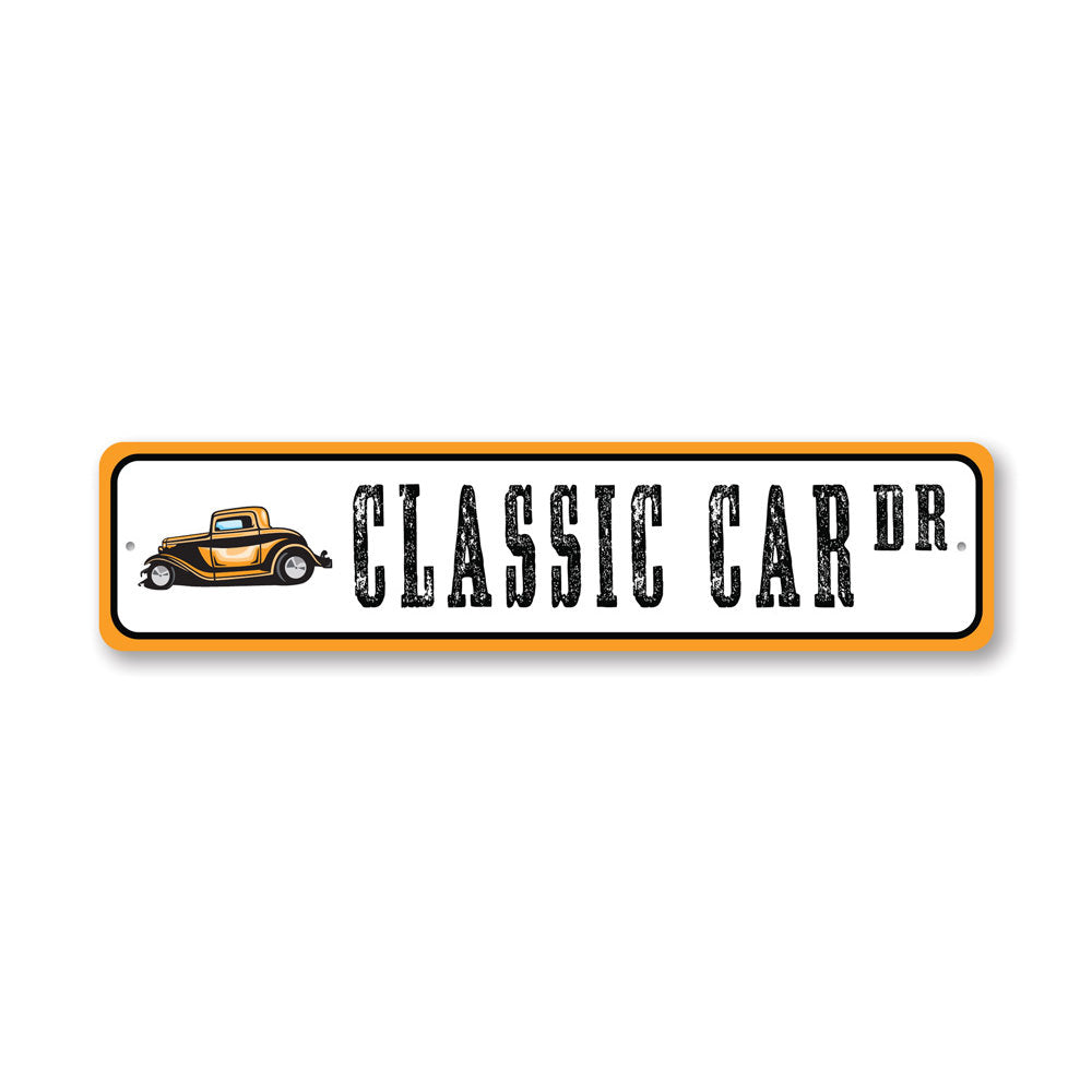 Classic Car Street Sign made of high-quality aluminum, featuring vibrant colors and customizable text, perfect for car enthusiasts.