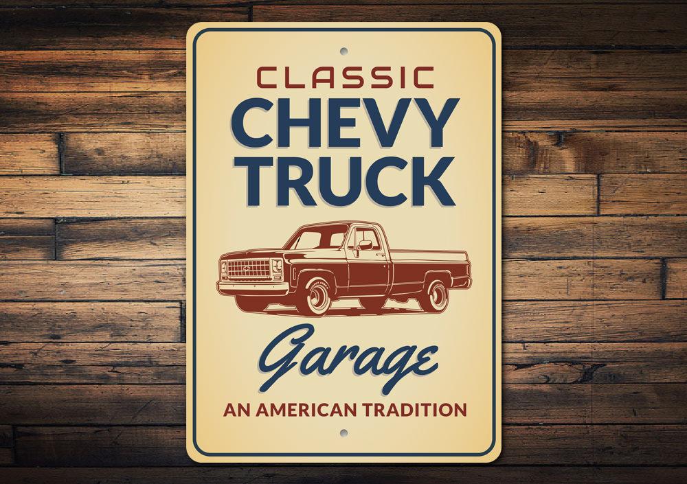 Classic Chevy Truck Sign made of high-quality aluminum, featuring a vintage design perfect for home decor.