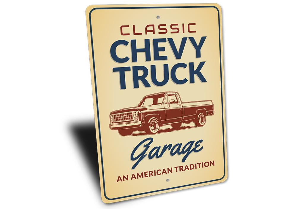 Classic Chevy Truck Sign made of high-quality aluminum, featuring a vintage design perfect for home decor.