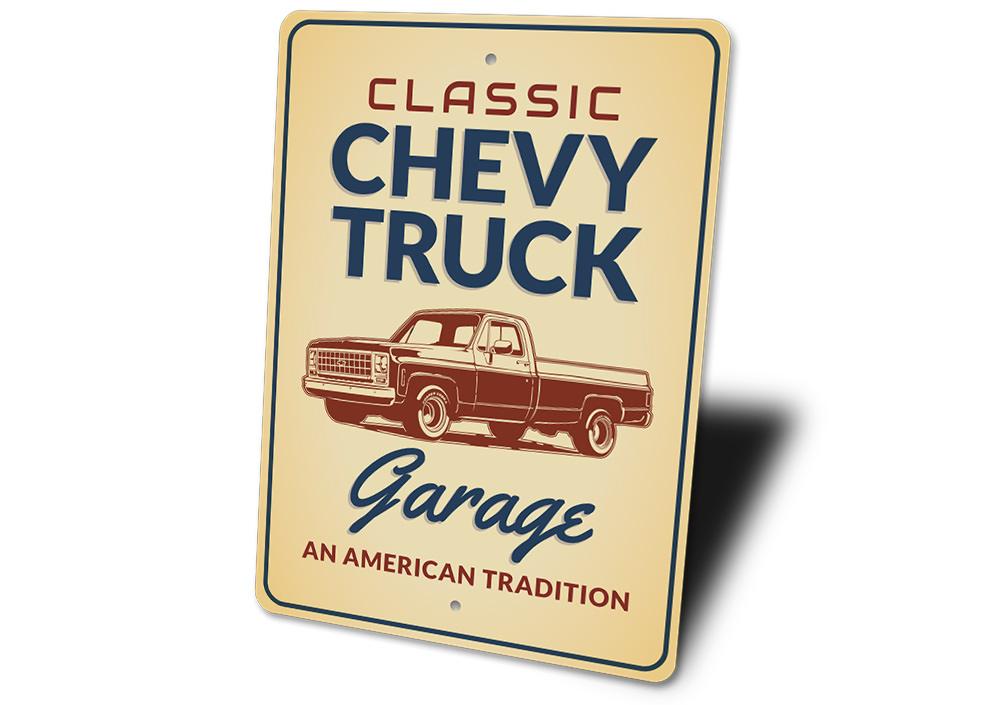 Classic Chevy Truck Sign made of high-quality aluminum, featuring a vintage design perfect for home decor.