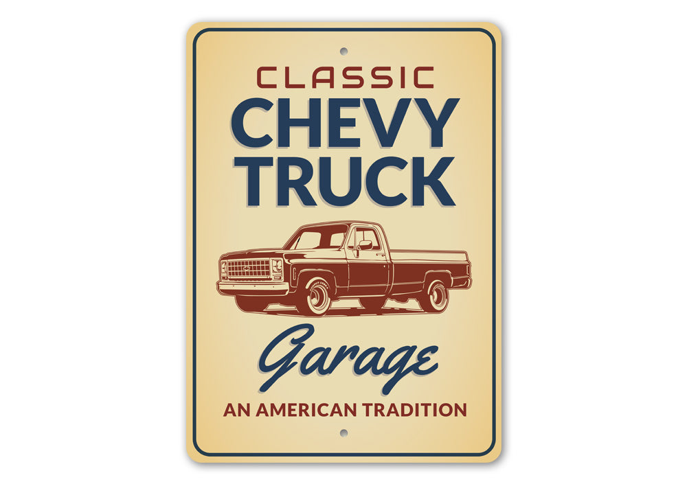 Classic Chevy Truck Sign made of high-quality aluminum, featuring a vintage design perfect for home decor.