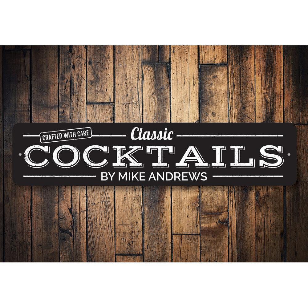 Classic Cocktails Sign made of durable aluminum, featuring customizable text and vibrant colors, perfect for home decor.