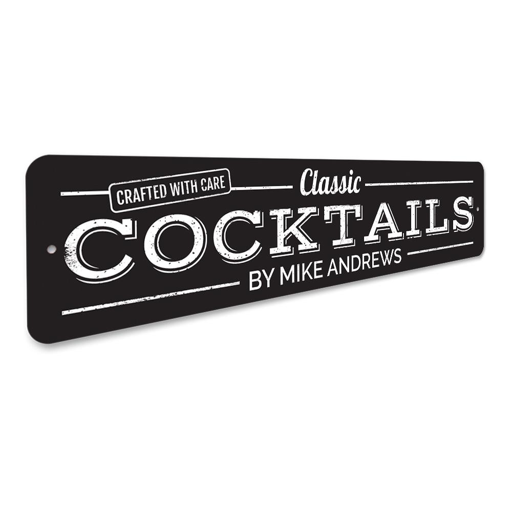 Classic Cocktails Sign made of durable aluminum, featuring customizable text and vibrant colors, perfect for home decor.