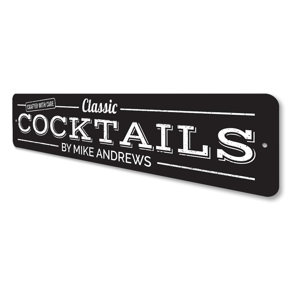 Classic Cocktails Sign made of durable aluminum, featuring customizable text and vibrant colors, perfect for home decor.