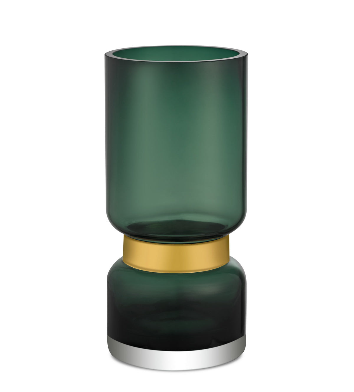 Classic Design vase in warm green glass with an 18k gold ribbon, 28cm tall and 13cm wide, showcasing elegant craftsmanship.