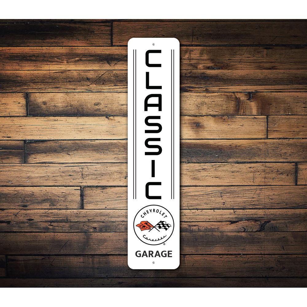 Classic Garage Chevy Corvette Sign made of high-quality aluminum, featuring vibrant colors and a detailed design, perfect for automotive enthusiasts.