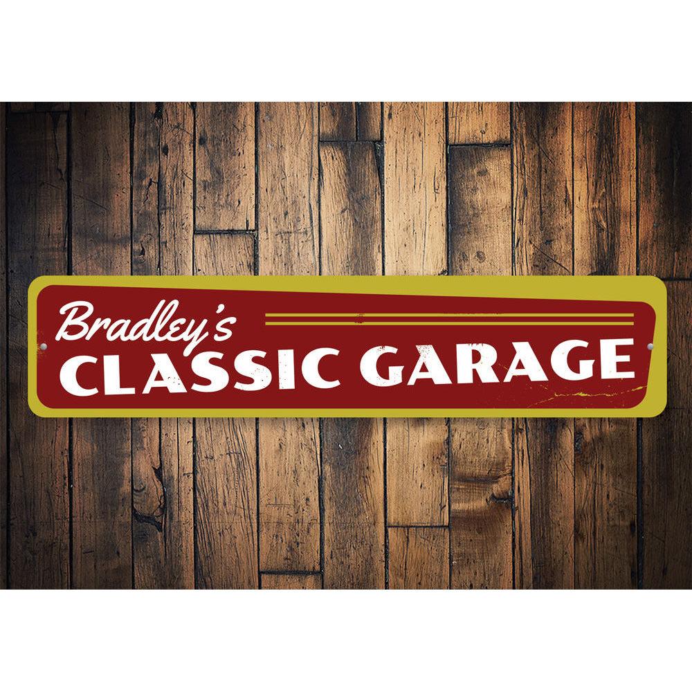 Classic Garage Sign made of high-quality aluminum, featuring customizable text and pre-drilled holes for easy mounting.