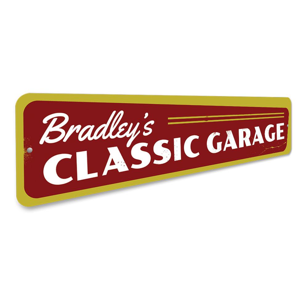 Classic Garage Sign made of high-quality aluminum, featuring customizable text and pre-drilled holes for easy mounting.