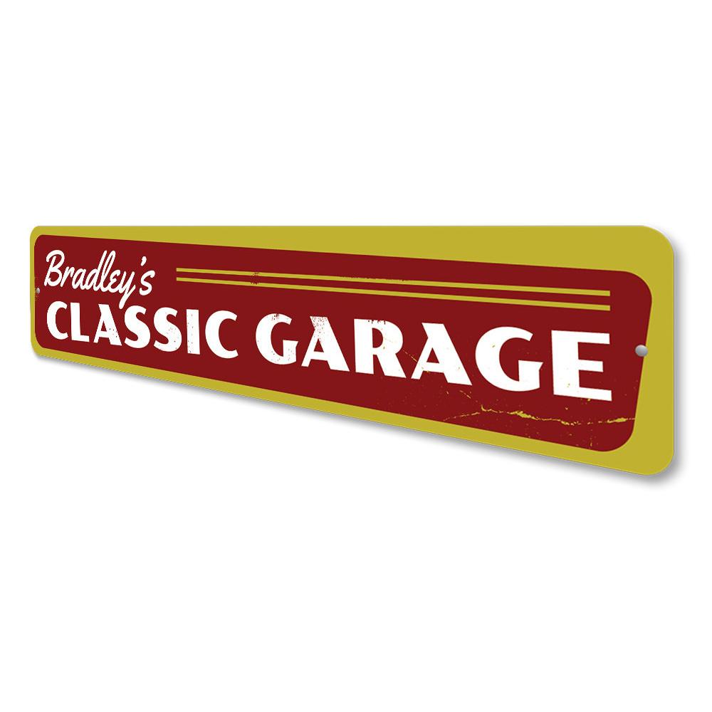 Classic Garage Sign made of high-quality aluminum, featuring customizable text and pre-drilled holes for easy mounting.