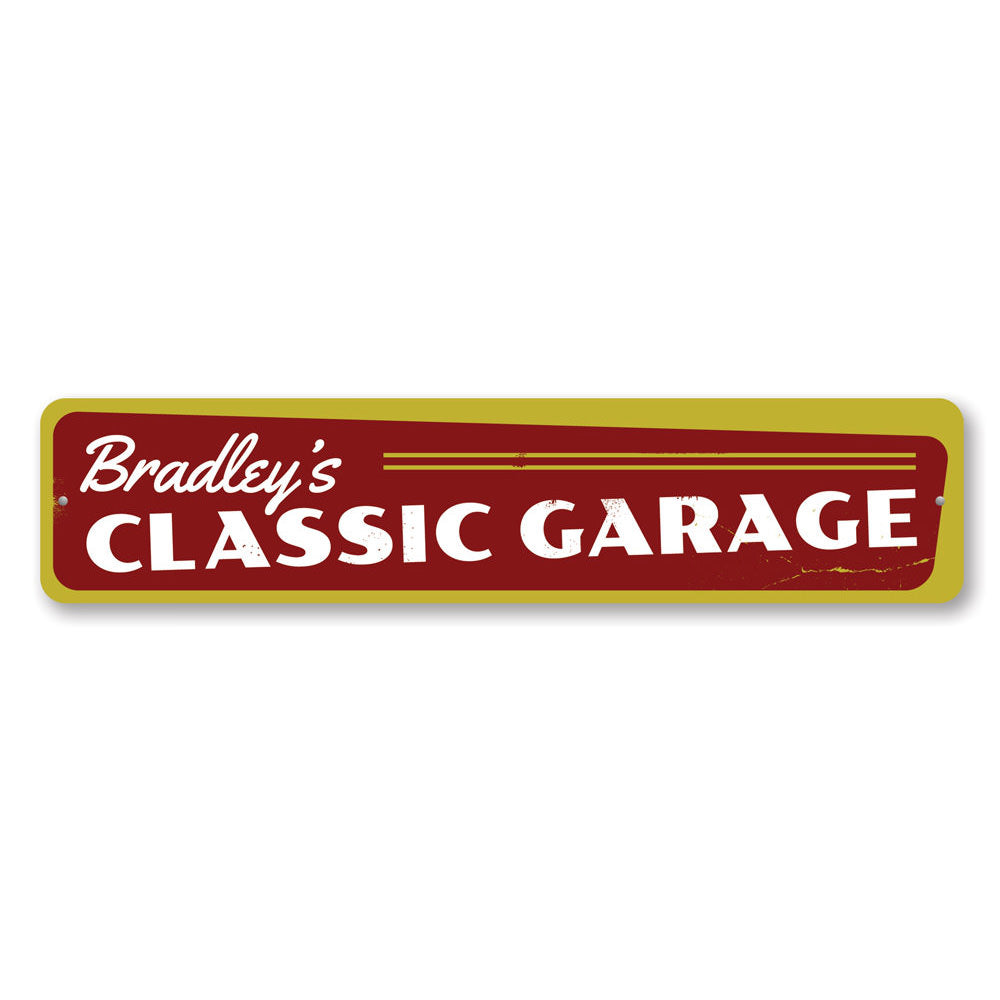 Classic Garage Sign made of high-quality aluminum, featuring customizable text and pre-drilled holes for easy mounting.