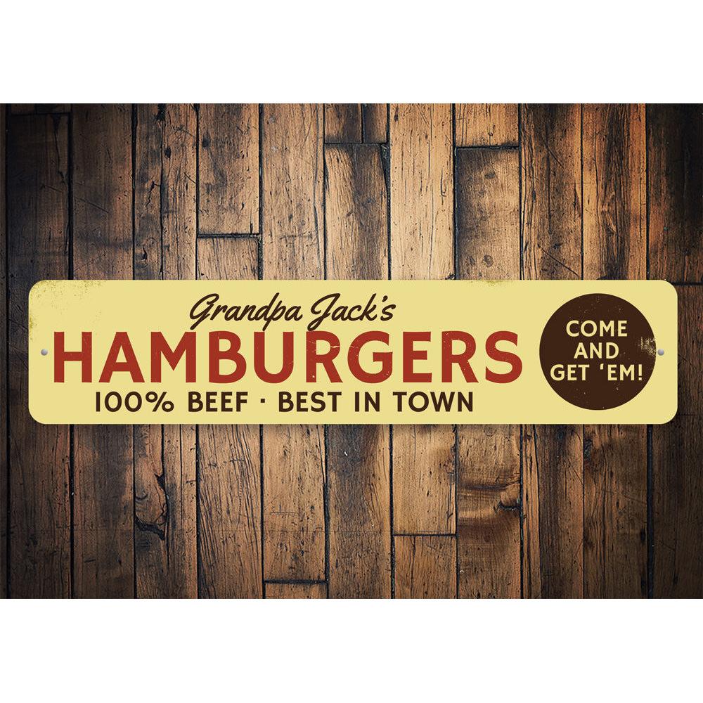 Classic Hamburgers Sign made of durable aluminum, featuring vibrant colors and customizable text, perfect for restaurants and cafes.