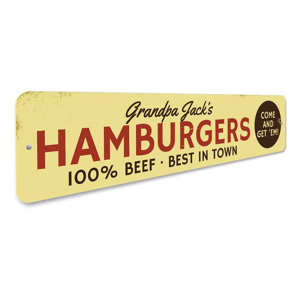 Classic Hamburgers Sign made of durable aluminum, featuring vibrant colors and customizable text, perfect for restaurants and cafes.