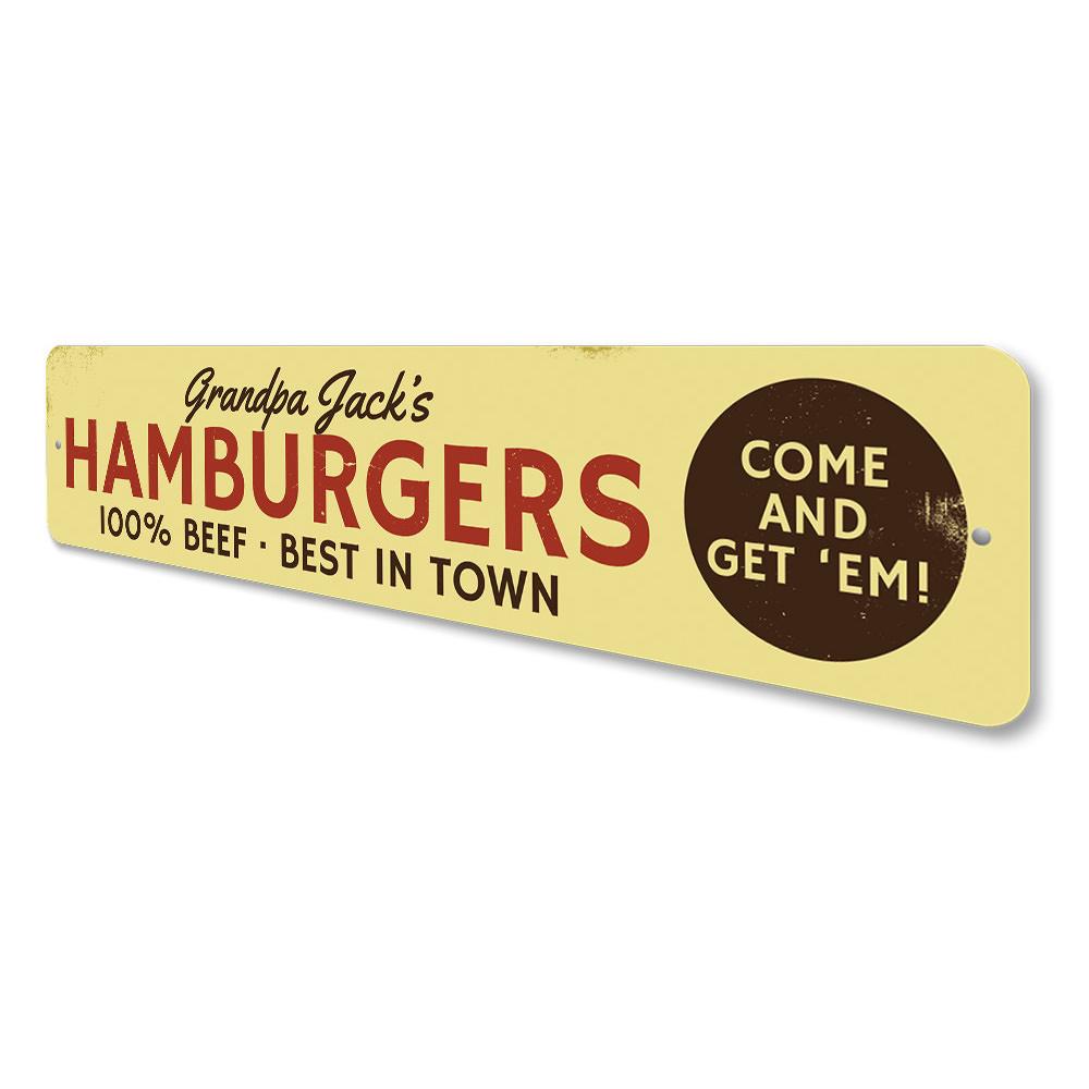 Classic Hamburgers Sign made of durable aluminum, featuring vibrant colors and customizable text, perfect for restaurants and cafes.