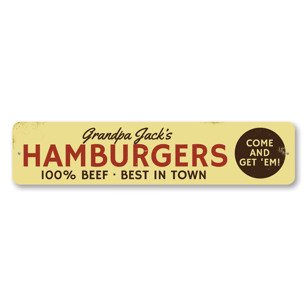 Classic Hamburgers Sign made of durable aluminum, featuring vibrant colors and customizable text, perfect for restaurants and cafes.