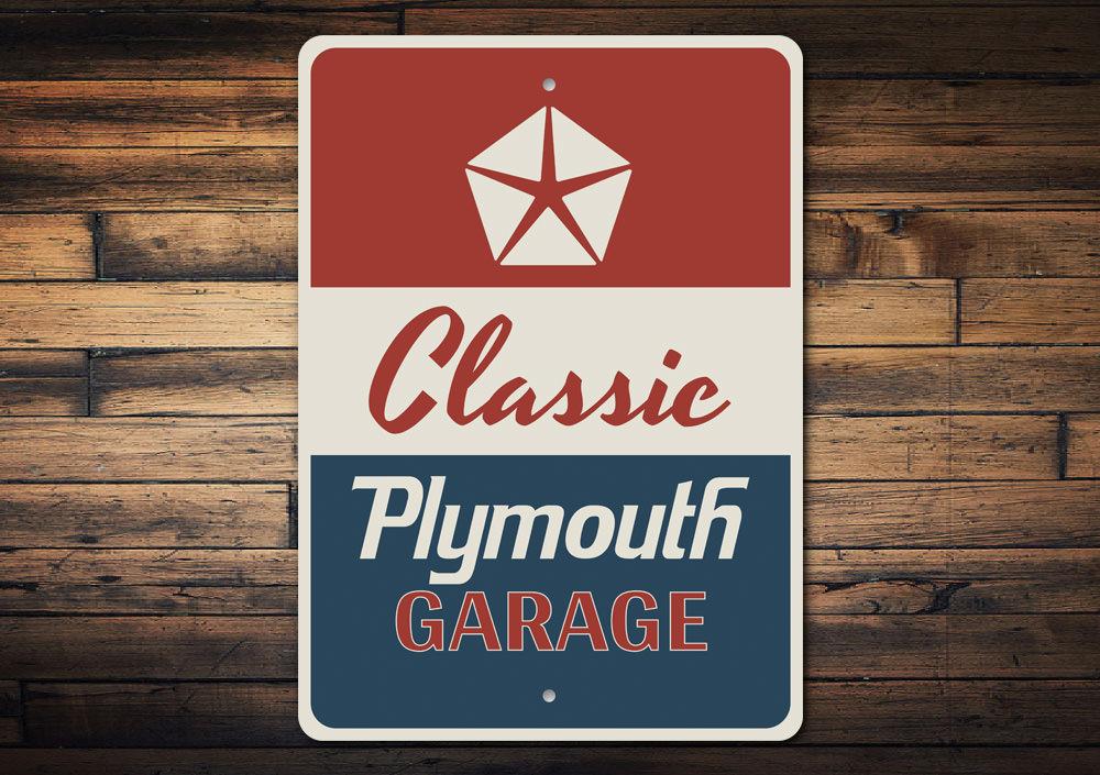 Classic Plymouth Garage Sign made of high-quality aluminum, featuring vibrant colors and customizable text options, perfect for car enthusiasts.