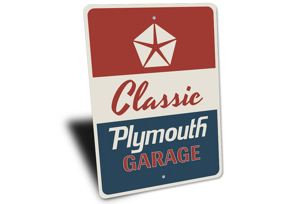 Classic Plymouth Garage Sign made of high-quality aluminum, featuring vibrant colors and customizable text options, perfect for car enthusiasts.