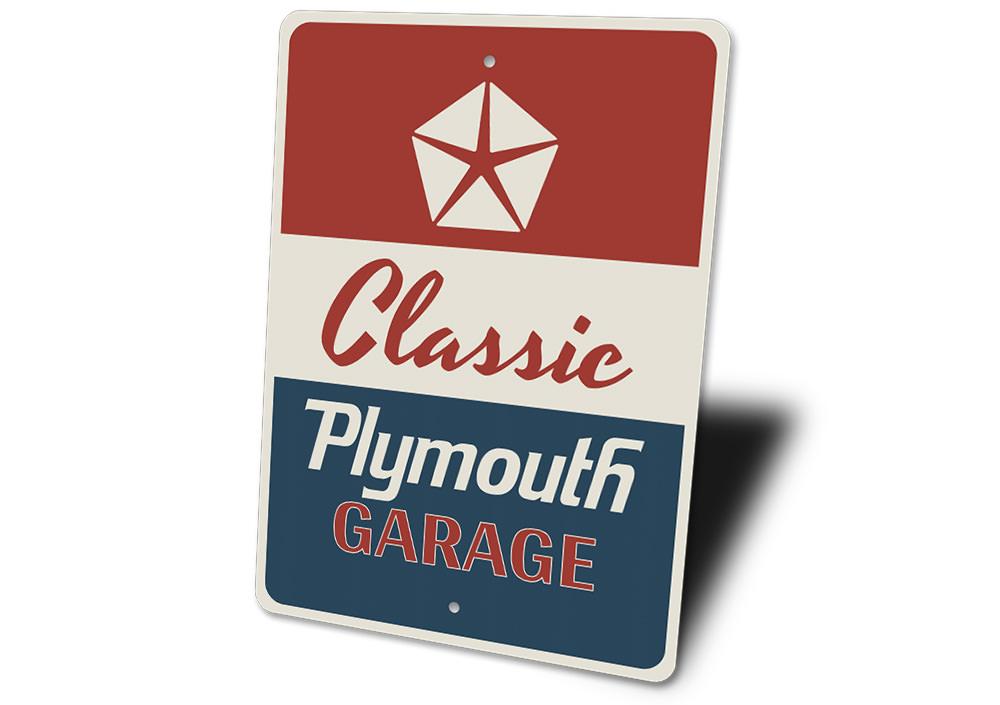 Classic Plymouth Garage Sign made of high-quality aluminum, featuring vibrant colors and customizable text options, perfect for car enthusiasts.