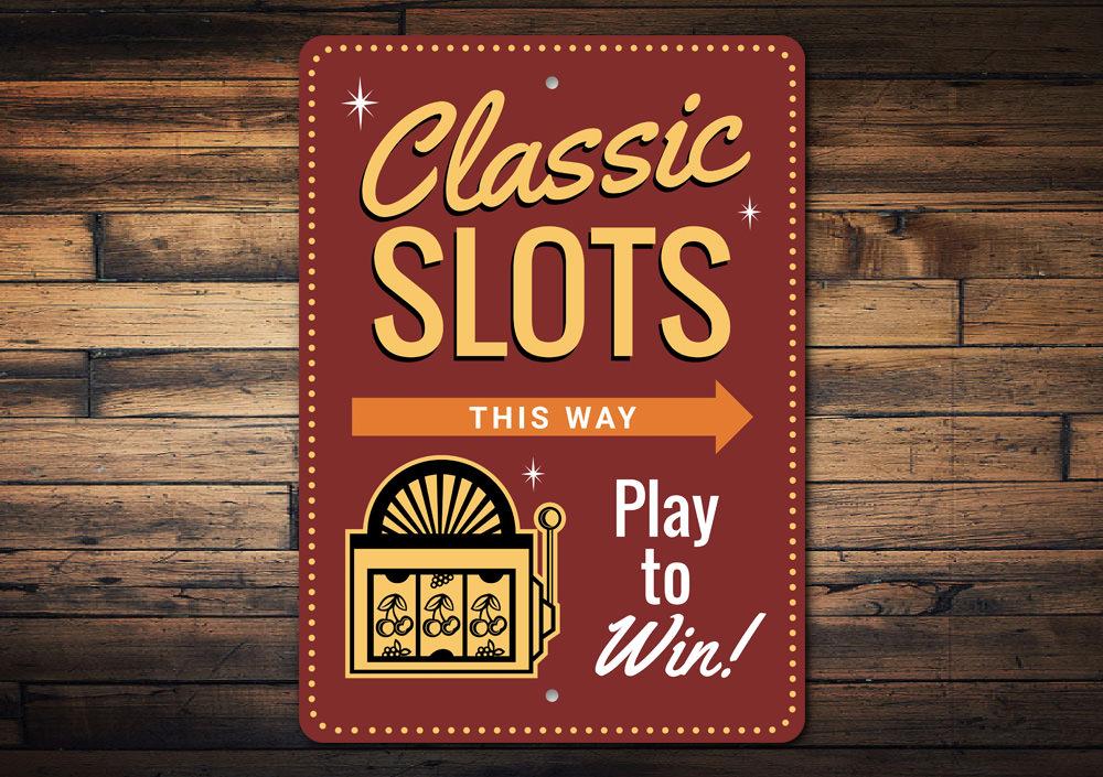 Classic Slots Sign made of durable aluminum, featuring vibrant colors and customizable text, perfect for home decor.