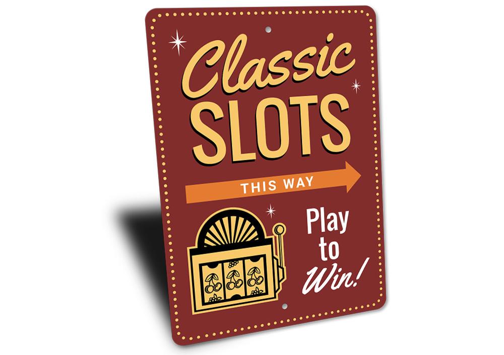 Classic Slots Sign made of durable aluminum, featuring vibrant colors and customizable text, perfect for home decor.