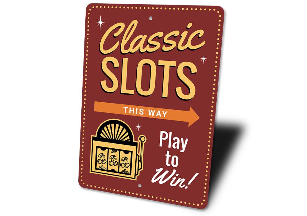 Classic Slots Sign made of durable aluminum, featuring vibrant colors and customizable text, perfect for home decor.