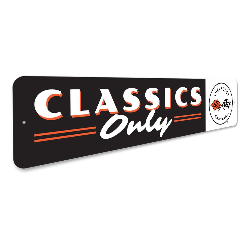 A vibrant metal sign featuring the Classics Only Chevy Corvette design, showcasing its quality aluminum material and customizable text options.