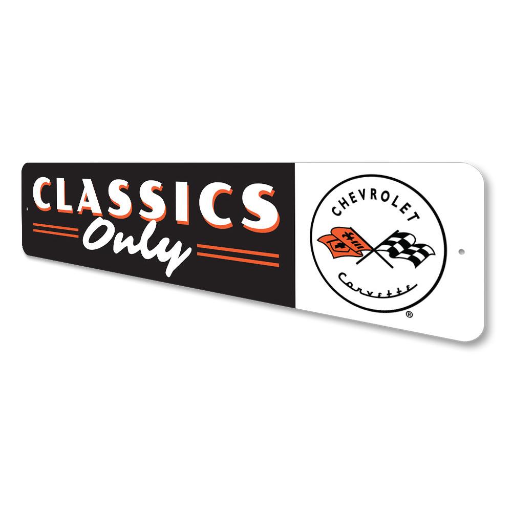 A vibrant metal sign featuring the Classics Only Chevy Corvette design, showcasing its quality aluminum material and customizable text options.