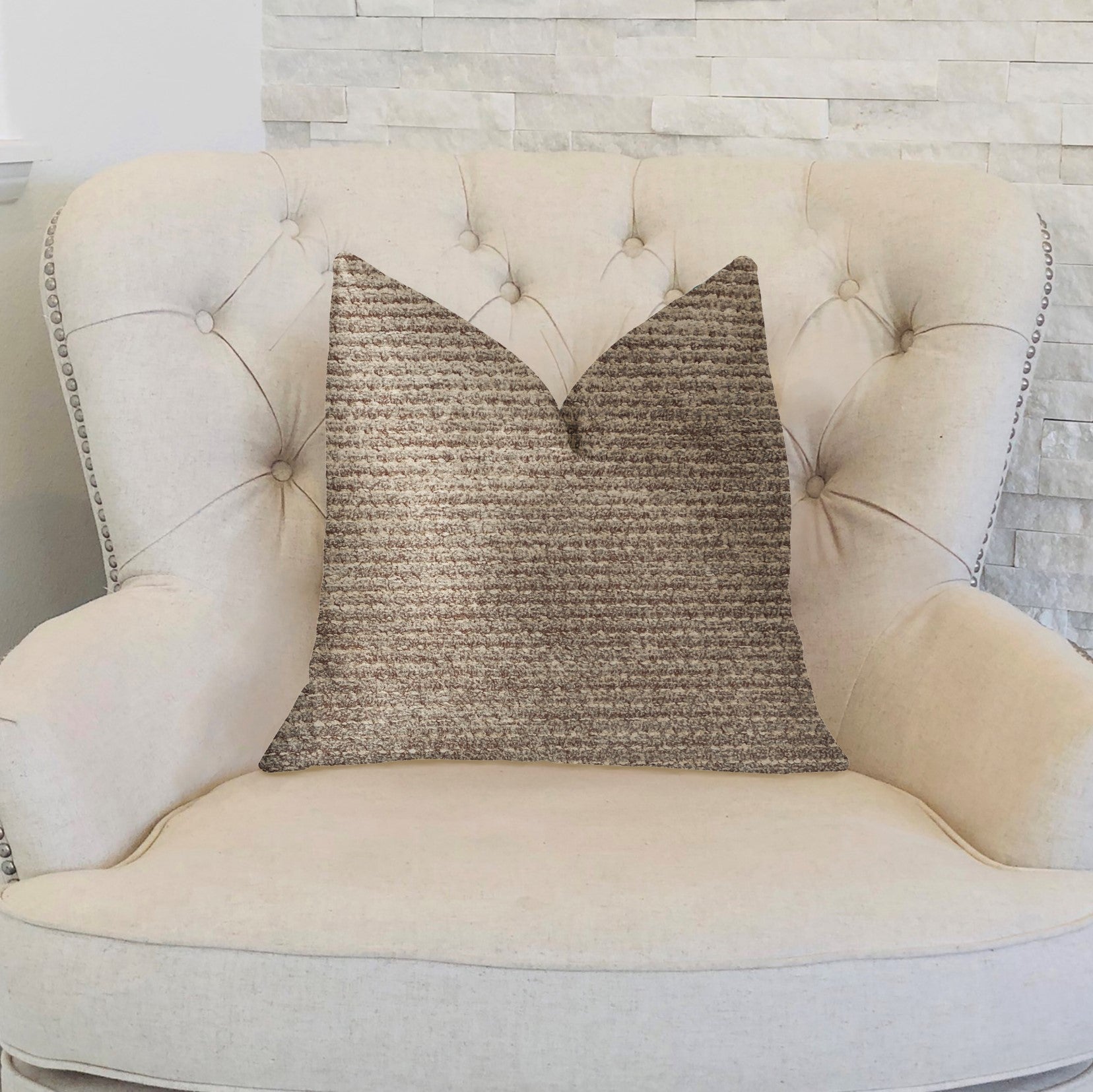 Classy Chic Ivory and Beige Luxury Throw Pillow with textured fabric and invisible zipper, showcasing elegant design and handmade quality.