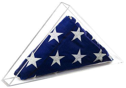 Clear acrylic display case for American burial and veteran flags, showcasing a seamless design with a black acrylic back.