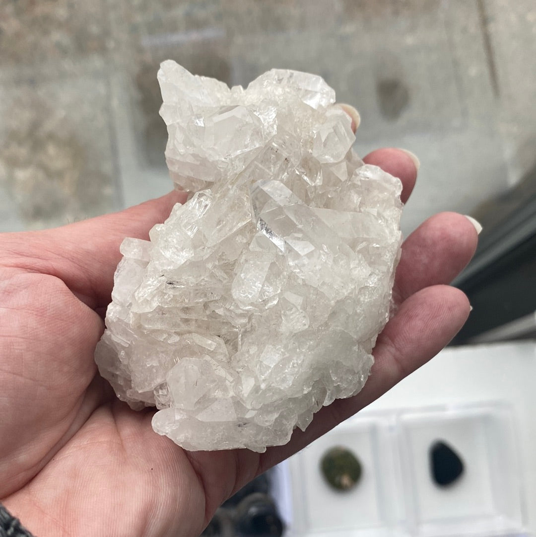 A beautiful arrangement of Clear Quartz Clusters showcasing their natural formations and sparkling clarity.