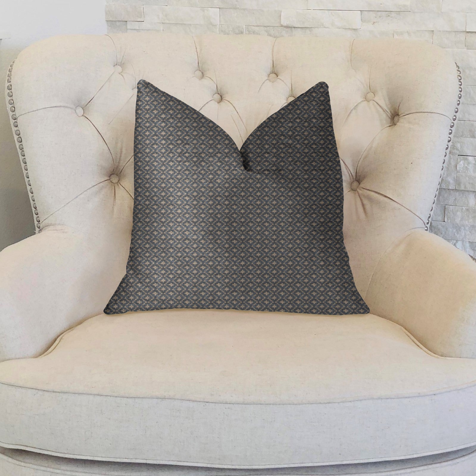 Cleopatra Blue and Gold Luxury Throw Pillow featuring geometric diamond pattern, handmade in the USA with invisible zipper and hypoallergenic fill.