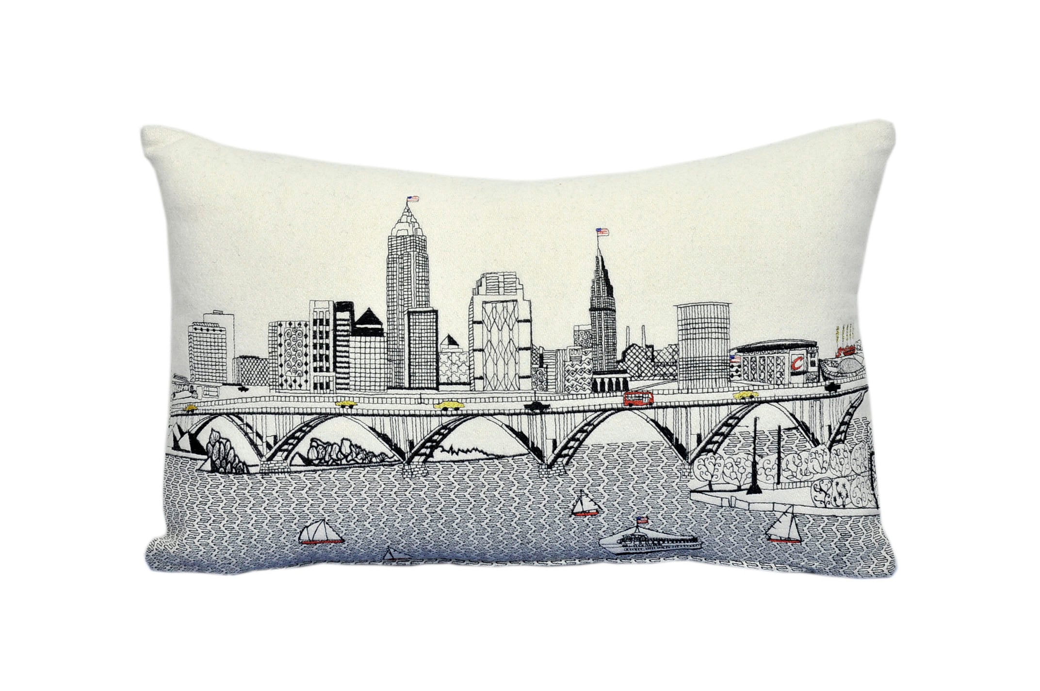 Cleveland Pillow featuring the city's skyline with vibrant colors and a red zipper at the bottom.