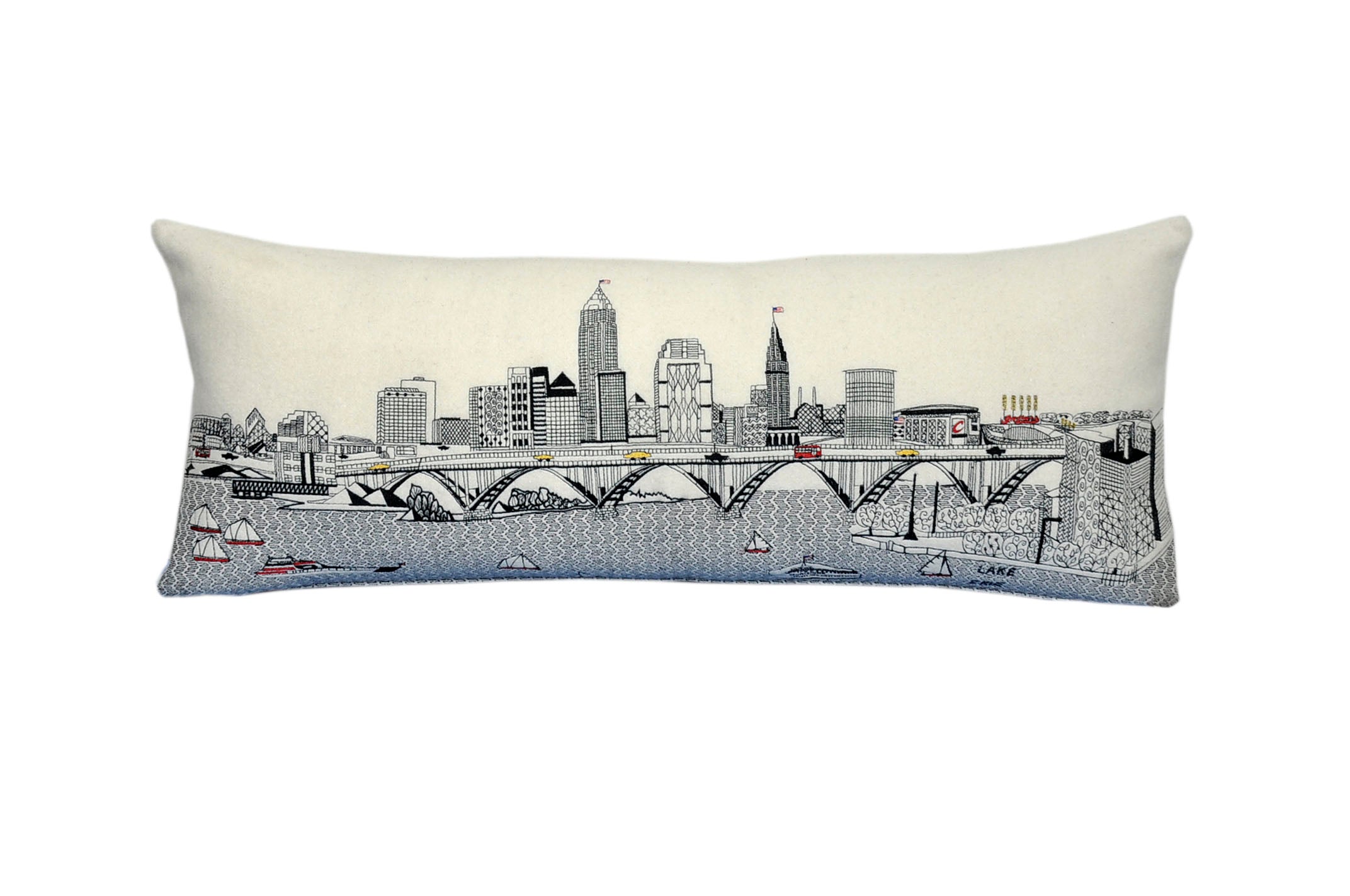 Cleveland Pillow featuring the city's skyline with vibrant colors and a red zipper at the bottom.