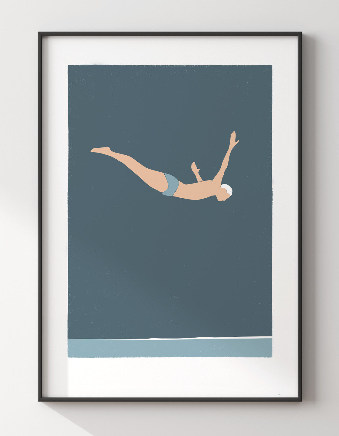 Minimalistic graphic art print of a diver cliff diving in bold blue hues, creating a serene atmosphere.