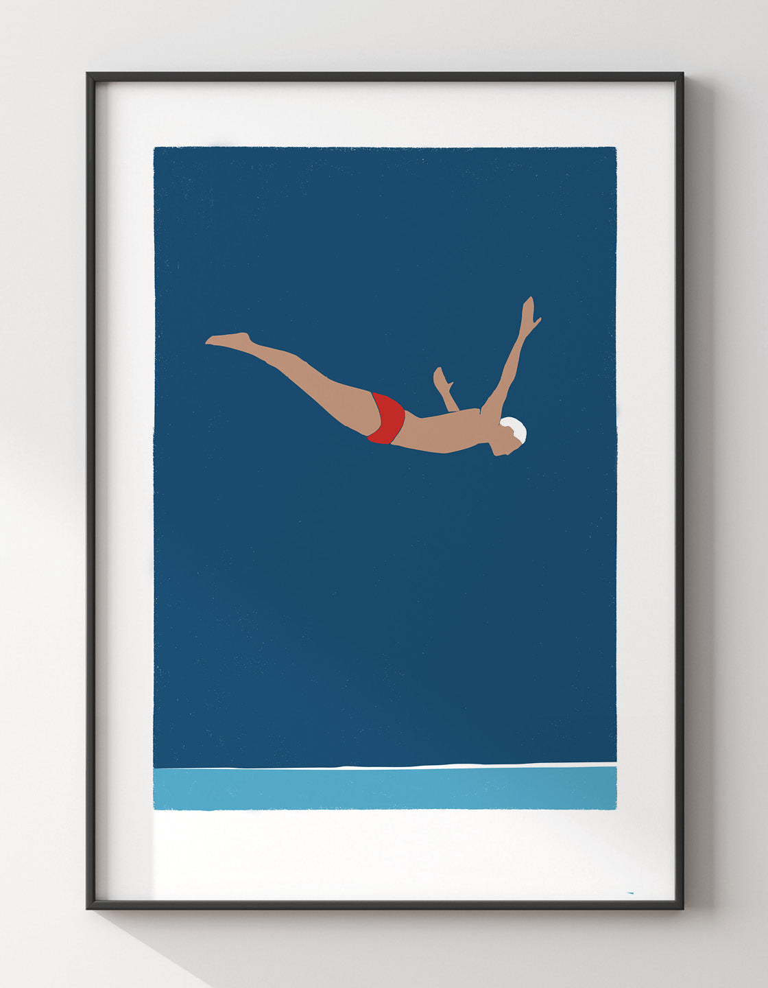 Minimalistic graphic art print of a diver cliff diving in bold blue hues, creating a serene atmosphere.