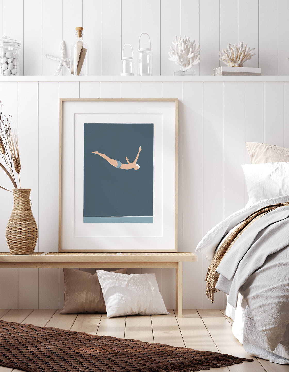 Minimalistic graphic art print of a diver cliff diving in bold blue hues, creating a serene atmosphere.