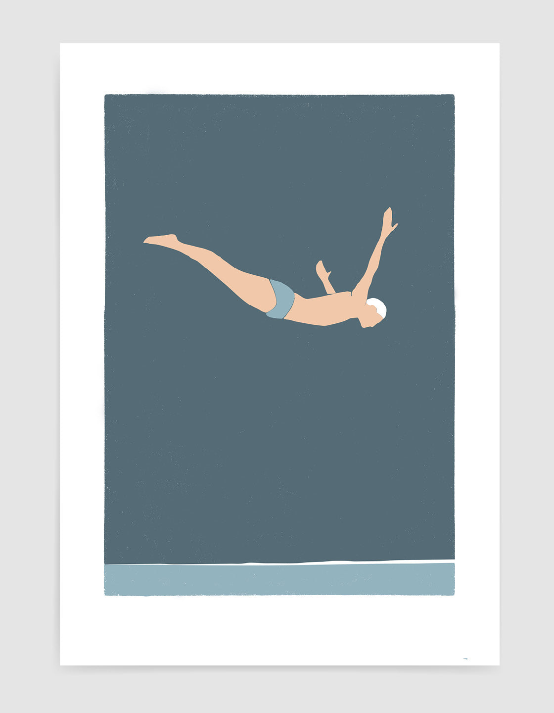 Minimalistic graphic art print of a diver cliff diving in bold blue hues, creating a serene atmosphere.