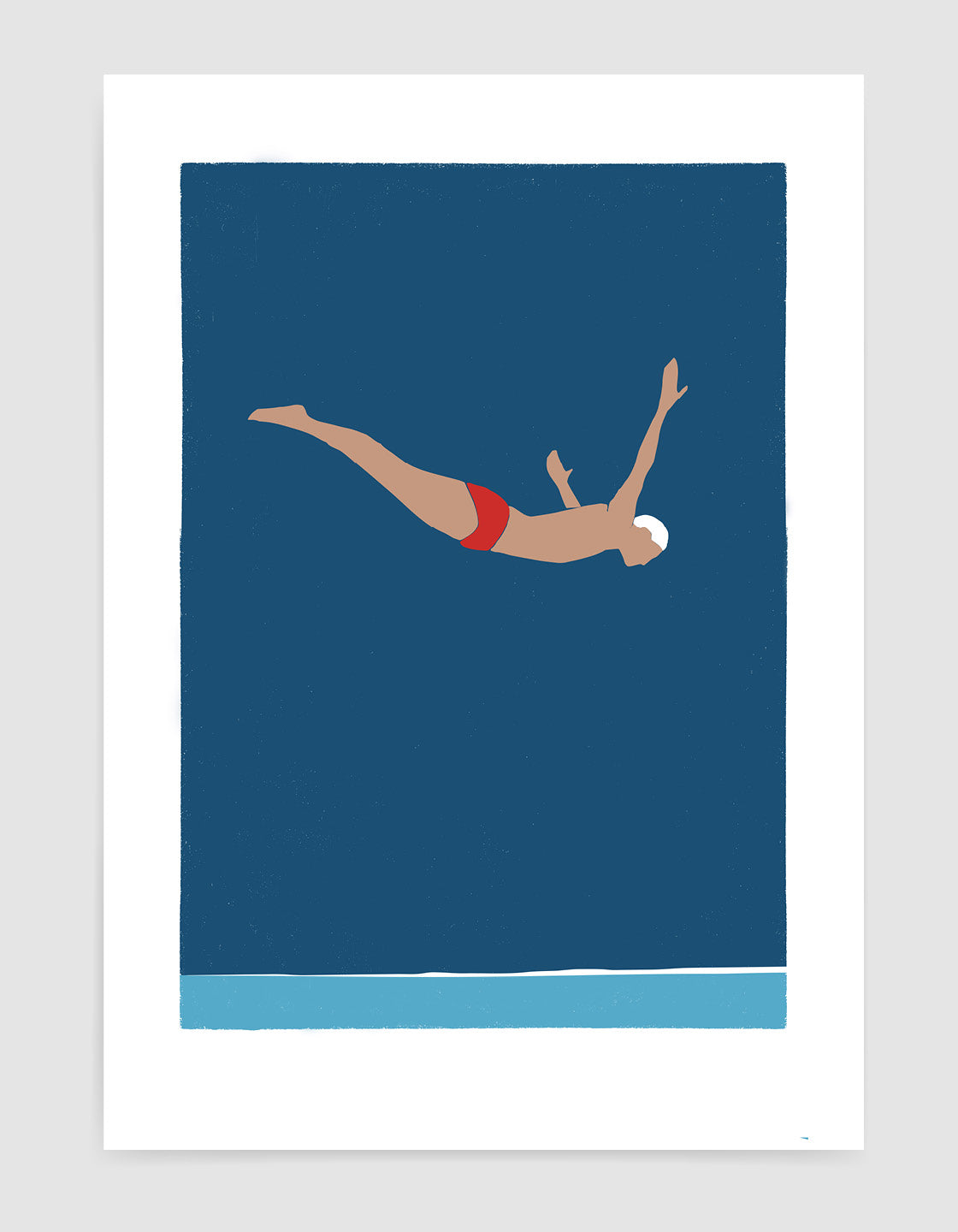 Minimalistic graphic art print of a diver cliff diving in bold blue hues, creating a serene atmosphere.