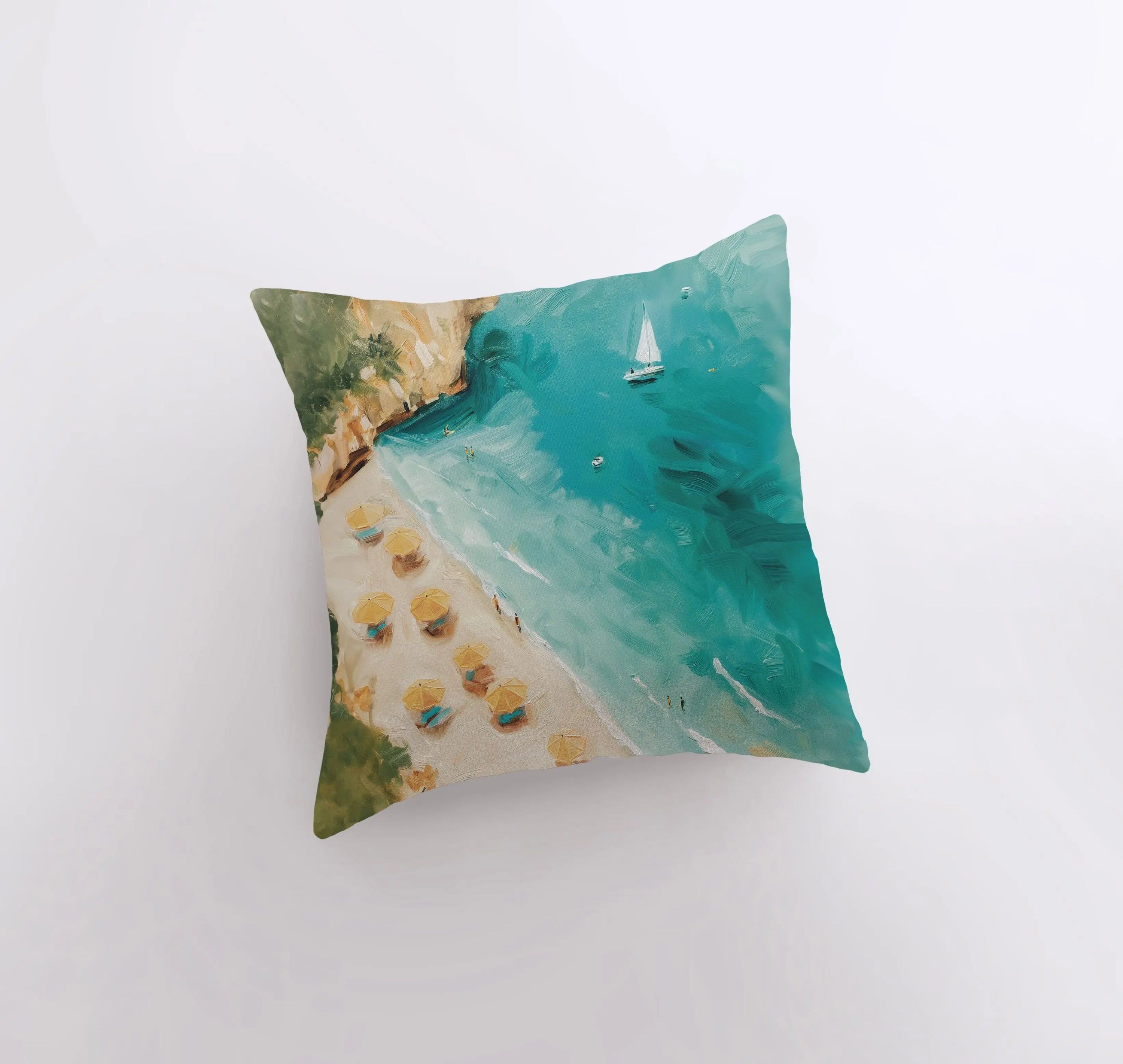 Cliffside Beach throw pillow featuring a coastal design, available in various sizes, made from a cotton/polyester blend with a concealed zipper.