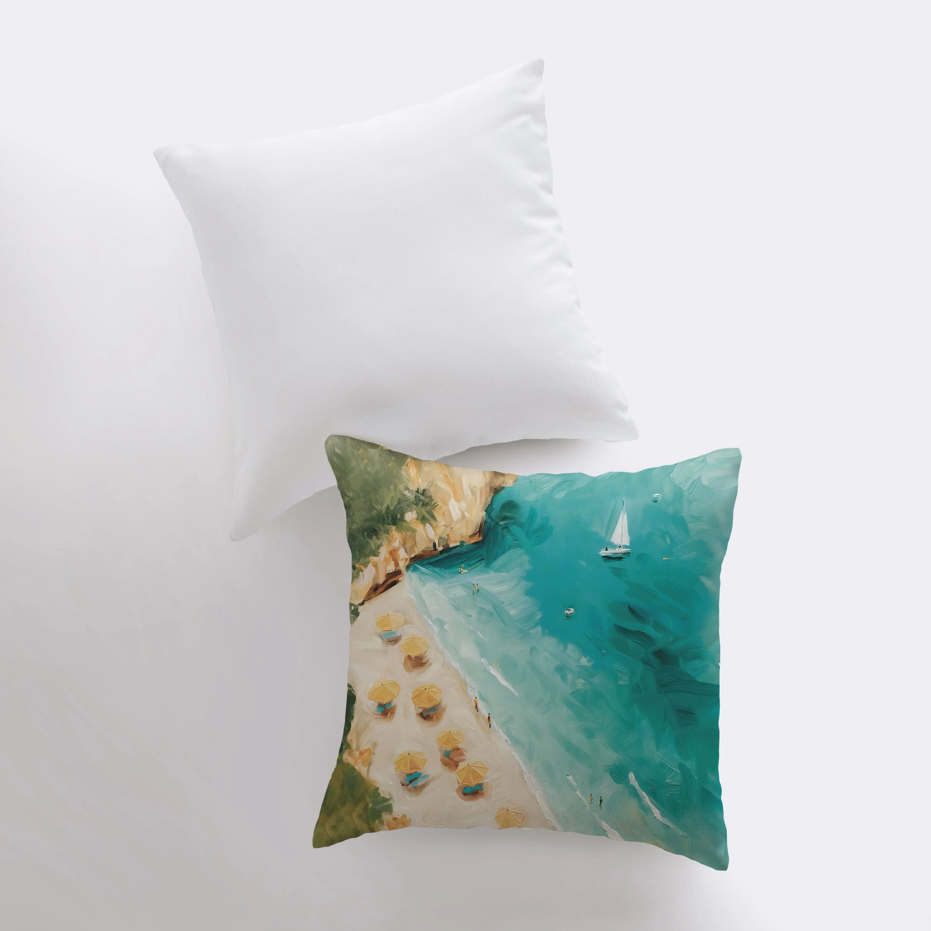 Cliffside Beach throw pillow featuring a coastal design, available in various sizes, made from a cotton/polyester blend with a concealed zipper.