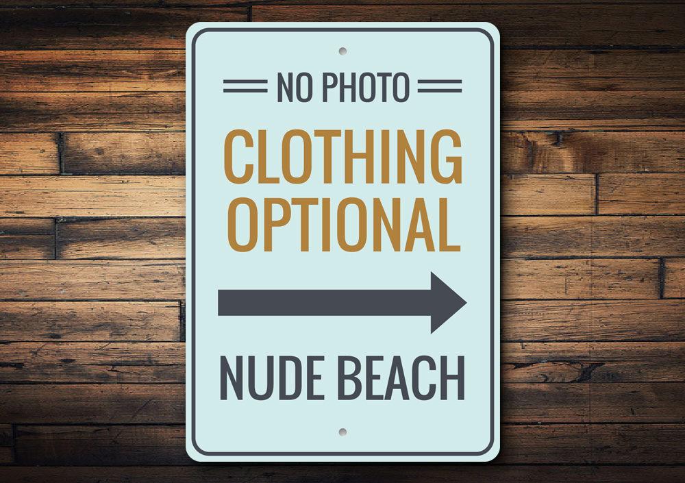 Clothing Optional Nude Beach Sign made of durable aluminum, featuring customizable text and pre-drilled holes for easy mounting.