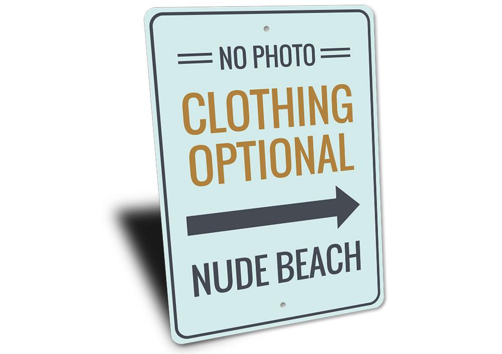 Clothing Optional Nude Beach Sign made of durable aluminum, featuring customizable text and pre-drilled holes for easy mounting.